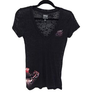Lethal Angel junior size large Skull cross bones lips semi sheer v neck top